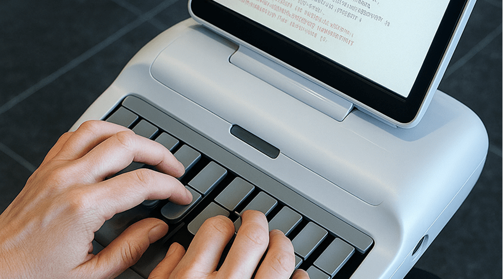 Hands typing on a stenography machine, capturing real-time court reporting for accurate legal transcripts
